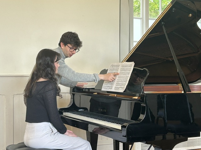Antoine Preat gives a piano masterclass at Carrick Concerts in Tremayne Hall Mylor with young pianist Rebecca Hieber on the new piano